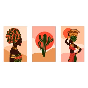 African Woman Boho Wall Art, Minimalist Abstract Art Print, Red Orange Set Of 3 Prints Modern Canvas Print Wall Art Home Decor