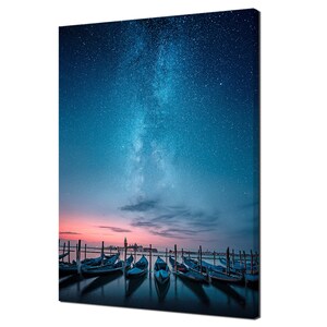 Beautiful Milky Way Stars Over The Lake Gondolas In A Row Modern Design Decor Canvas Print Wall Art Picture