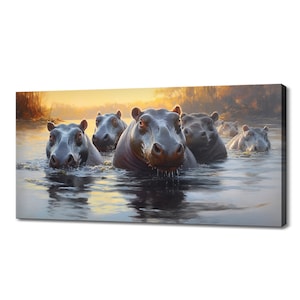 Hippos Family In The River Canvas Print, Wildlife Inspired Art, Enchanting Animals Canvas Wall Art, Majestic Animals Picture Print