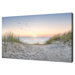 Sand Dunes On The Beach At Sunset Birds Stunning Seascape Modern Design Canvas Print Wall Art Picture