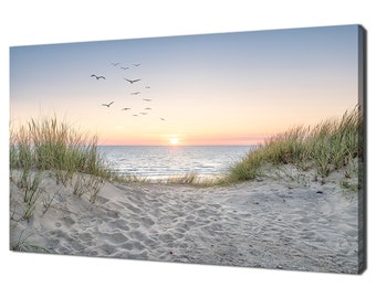 Sand Dunes On The Beach At Sunset Birds Stunning Seascape Modern Design Canvas Print Wall Art Picture