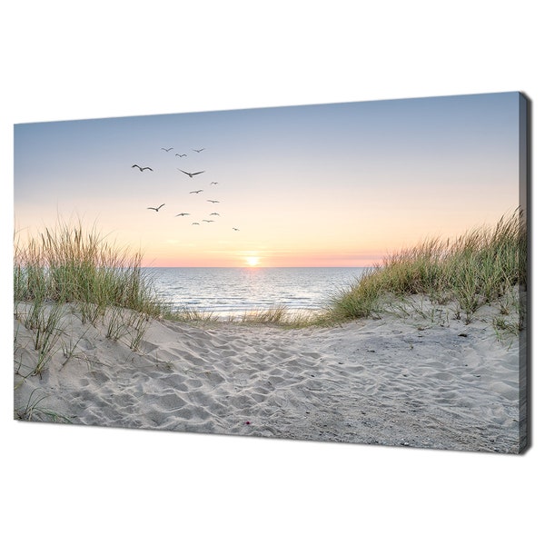 Sanddünen am Strand bei Sonnenuntergang Vögel Atemberaubende Meerlandschaft Modernes Design Leinwand Wand Kunst Bild