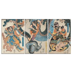 Yegara Heita Tanenaga Cuts His Way Out Of A Giant Python Utagawa Kuniyoshi 3 Panels Modern Canvas Print Wall Art Home Decor
