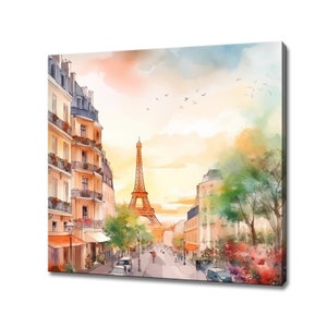 Colourful Summer In Paris City Streets, Eiffel Tower, Modern City Design Home Decor, Watercolour Painting Style Canvas Print Wall Art