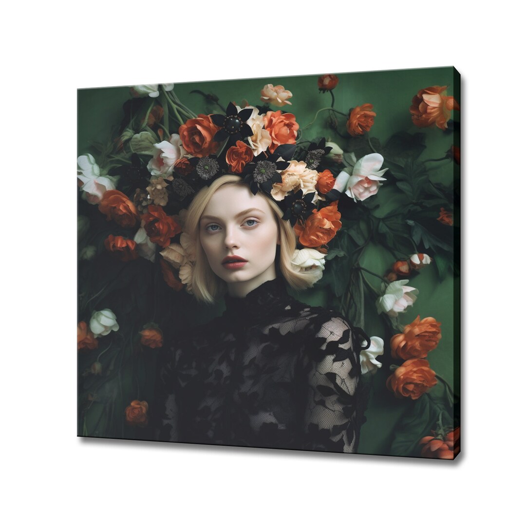 Black Red White Flowers Woman Head Canvas Print, Rococo Flowers Art ...