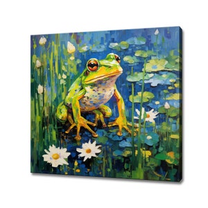 Cute Frog In The Pond With Flowers Canvas Print, Gift For Frog Lover, Colourful Frog Portrait Painting Print, Frog Wall Art Modern Decor