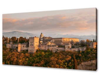 Lindo pôr do sol sobre o Palácio de Alhambra em Granada, Espanha, design moderno, decoração para casa, tela, impressão, arte de parede, imagem
