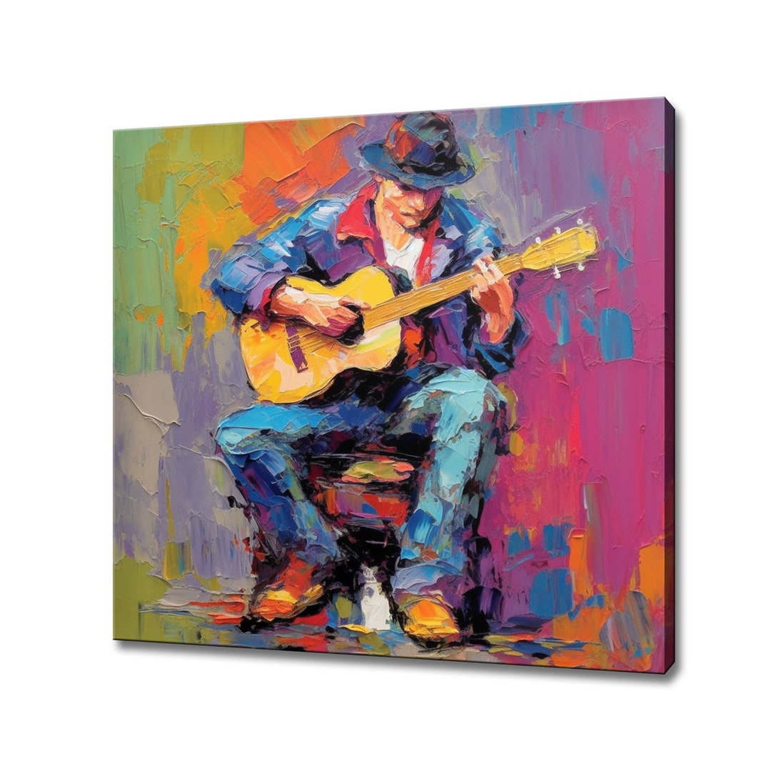 Man Playing Guitar Colourful Oil Painting Style Canvas Print Wall