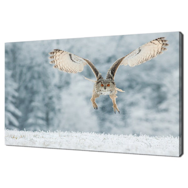 Siberian Eagle Owl Bird Flying In Winter Snowy Forest Modern Design Home Decor Canvas Print Wall Art Picture