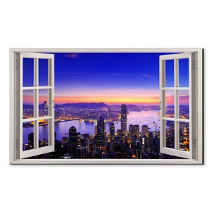 Sunrise Over Victoria Harbour Hong Kong Window View, Window Frame Style Modern Design Home Decor Canvas Print Wall Art Picture Ready To Hang