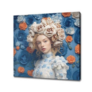 Blauw oranje bloemen vrouw hoofd canvasafdruk, rococo bloemen kunst aan de muur, Shabby Chick muur decor, bloemen vrouw kunst, vrouwelijk bloemen portret