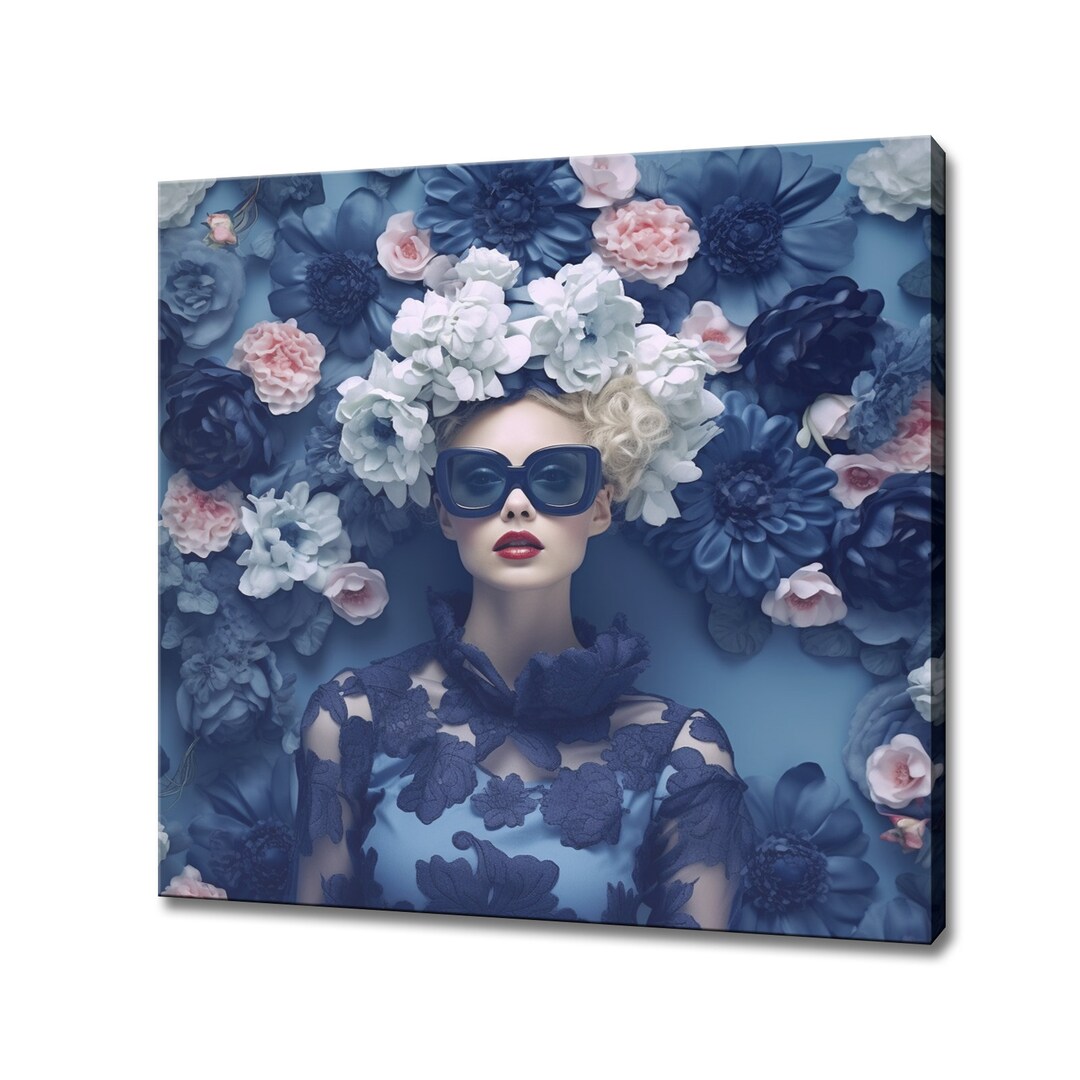 Navy Blue White Flowers Woman Head Canvas Print, Rococo Flowers Wall ...