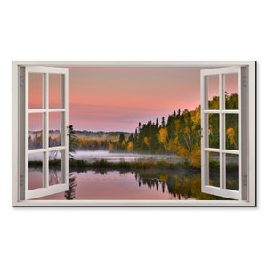 Foggy Pink Lake In Autumn Window View, Window Frame Style Modern Design Home Decor Canvas Print Wall Art Picture Ready To Hang