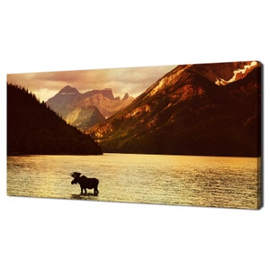 Panorama Of Alberta, Canada Moose In Lake At Sunset Modern Design Home Decor Canvas Print Wall Art Picture Wall Hanging