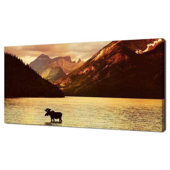 Panorama Of Alberta, Canada Moose In Lake At Sunset Modern Design Home Decor Canvas Print Wall Art Picture Wall Hanging