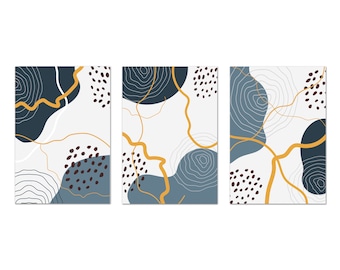 Abstract Boho Wall Art Prints, Shapes Wall Art, Yellow Navy Blue Set Of 3 Prints Minimalist Modern Canvas Print Wall Art Home Decor