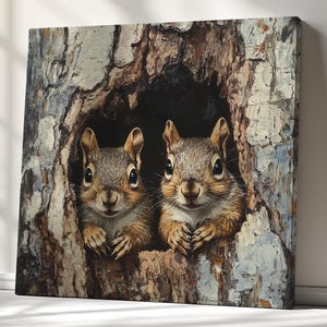 May include: Two squirrels peek out from a tree trunk hole. The squirrels have brown fur and are looking directly at the viewer. The tree trunk is brown and has a rough texture.