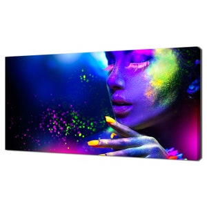 Colourful Portrait Of Beauty Fashion Woman In Neon Light Modern Design Canvas Print Wall Art Picture