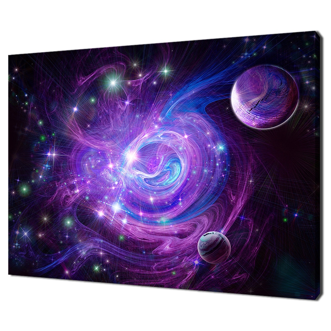 Blue Purple Nebula Space Galaxy Planets Modern Design Home Decor Canvas ...