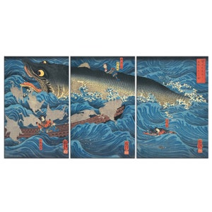 Retired Emperor Sanuki Sends Allies To Rescue Tametomo Utagawa Kuniyoshi 3 Panels Modern Canvas Print Wall Art Home Decor