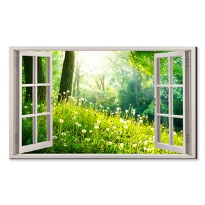 Löwenzahn, Grünes Gras, Waldbäume, Fensteransicht, Fensterrahmenstil, modernes Design, Wohnkultur, Leinwanddruck, Wandkunst, Bild, fertig zum Aufhängen