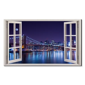 Brooklyn Bridge At Night New York Window View, Window Frame Style Modern Design Home Decor Canvas Print Wall Art Picture Ready To Hang