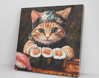 Cute Kitten Eating Sushi Canvas Print, Pet Lover Decor, Gift for Cat Lovers, Adorable Cat Canvas Wall Art, Feline Wall Art Home Decor