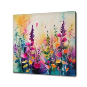 Abstract Colourful Wildlowers Field Meadow Watercolour Painting Style Canvas Print, Modern Floral Design Home Decor, Flower Wall Art Picture