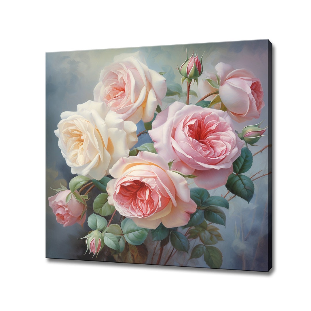 Pink White Rose Flowers Bouquet Canvas Print Wall Art, Modern Floral ...