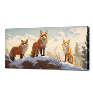 Fox Family In The snow Canvas Print, Wild Cats Inspired Art, Enchanting Animals Wall Art, Wildlife Home Decor, Majestic Animal Picture Print