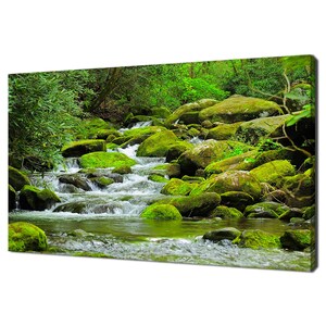Cascading Waterfall Mountain Stream Green Forest Modern Design Home Decor Canvas Print Wall Art Picture