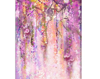 Könnte beinhalten: Abstrakte Aquarellmalerei mit einem Wasserfall aus rosa und violetten Blumen auf weißem Hintergrund. Das Gemälde hat eine weiche, verträumte Ausstrahlung und ist perfekt, um jedem Raum einen Hauch von Farbe und Verspieltheit zu verleihen.