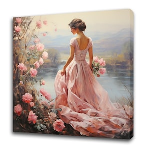 Woman Walking In Rose Garden Victorian Vintage Canvas Print Wall Art, Modern Floral Design Home Decor, Botanical Vintage Art