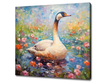 Goose Bird In Water Pond Canvas Print, Gift For Goose Lover, Colourful Bird Portrait Painting Print, Bird Goose Wall Art