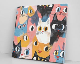 Colourful Cats Canvas Print, Cute Pet Lover Decor, Gift for Cat Lovers, Adorable Cat Canvas Wall Art, Feline Art For Home Decor