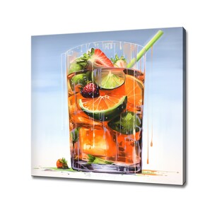 Pimms With Fruits Cocktail Drink Glass Watercolour Canvas Print, Kitchen Modern Art, Home Restaurant Bar Decor Picture Wall Hanging