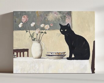 Impressão em tela de gato preto sentado na mesa de jantar, impressão de arte fina de gato engraçado e fofo, presente para amantes de gatos, arte de parede de gato de estimação, decoração de parede caprichosa