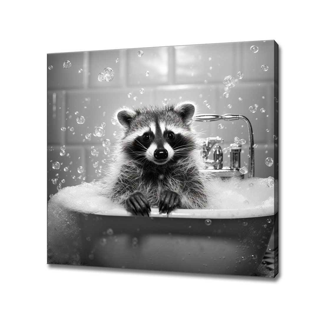 Cute Raccoon in the Bath Tub, Black White Animal Art, Canvas Art Print ...