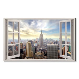 Top View Of Manhattan Buildings NY Window View, Window Frame Style Modern Design Home Decor Canvas Print Wall Art Picture Ready To Hang