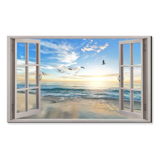 Seagulls Flying Over The Beach Window View, Window Frame Style Modern Design Home Decor Canvas Print Wall Art Picture Ready To Hang