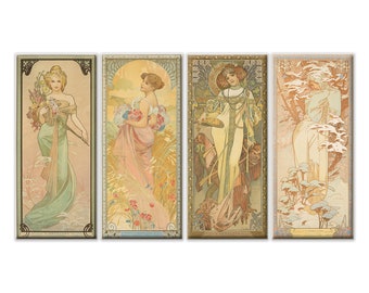 Alphonse Mucha The Four Seasons (1900) Art Nouveau Reproduction Set Of 4 Panels Modern Style Canvas Print Wall Art Picture