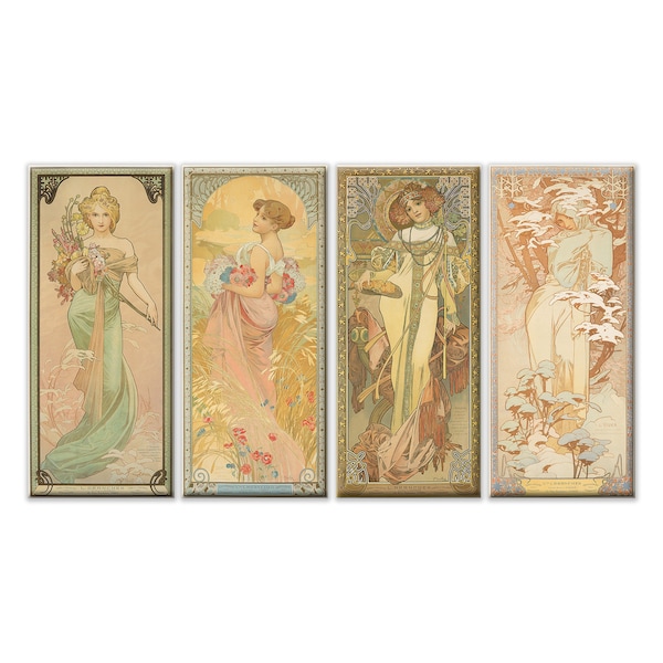 Alphonse Mucha The Four Seasons (1900) Art Nouveau Reproduction Set Of 4 Panels Modern Style Canvas Print Wall Art Picture