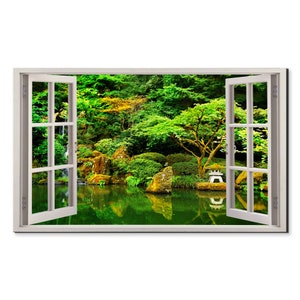 Zen Green Japanese Garden Window View, Window Frame Style Modern Design Home Decor Canvas Print Wall Art Picture Ready To Hang