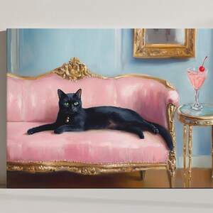Zwarte kat met Cherry Cosmo-drankje canvasafdruk, leuke eigenzinnige grillige beeldende kunst, cadeau voor kattenliefhebber, retro cocktailkunst barwagen wanddecoratie