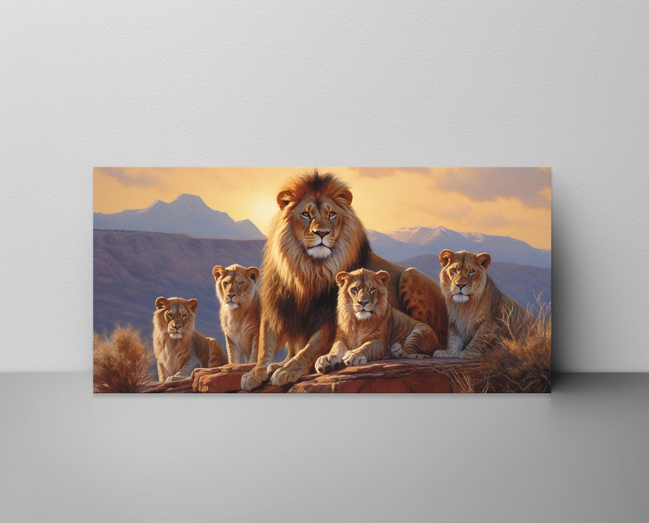 Tableau Toile Panoramique Lion Majestueux Sur Paysage Rocheux - Déco Murale Moderne