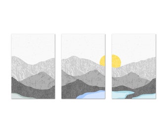 Paisagem de Montanhas Cinzentas, Sol, Lago Azul, Arte de Parede, Impressões de Arte de Parede Abstrata Boho, Conjunto de 3 Impressões, Impressão em Tela de Meio Século, Arte de Parede