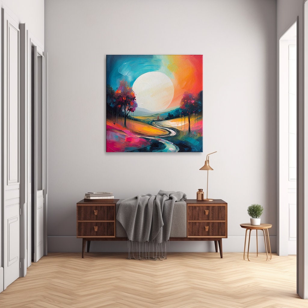 Colourful Abstract Moon Above the Country Road Landscape Painting Style ...