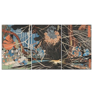 The Ghost Of Akugenda Yoshihira Striking Down His Killer Utagawa Kuniyoshi 3 Panels Modern Canvas Print Wall Art Home Decor