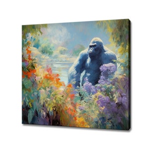 Gorilla In Flowers Field Canvas Print Animal, Gift For Gorilla Lover, Colourful Gorilla Portrait Painting Print, Gorilla Wall Art