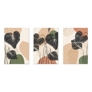 Neutral Botanical Plants Art, Boho Minimalist Prints, Terracotta Green Plant Leaves Set Of 3 Prints Modern Canvas Print Wall Art Home Decor
